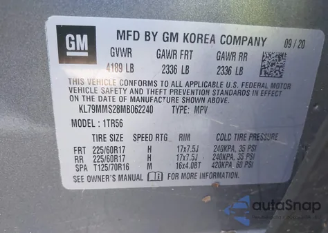 2021 Chevrolet Trailblazer Fwd Ls из США, поврежденный, VIN KL79MMS28MB062240